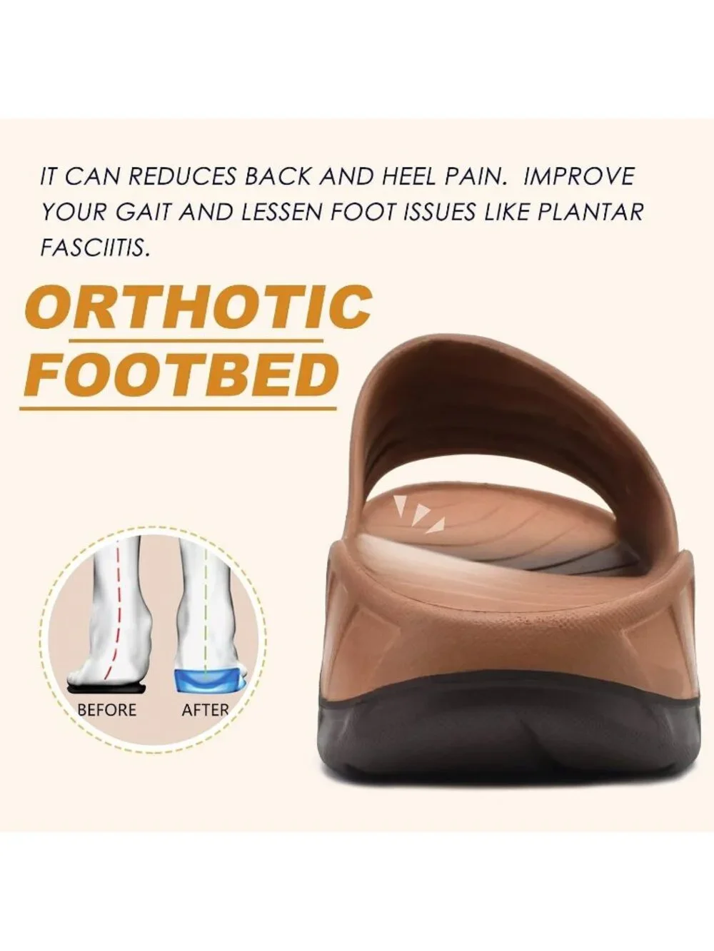Men's Khaki Brown Recovery Orthotic Arch Support Open Toe Slides Slipper Shoes
